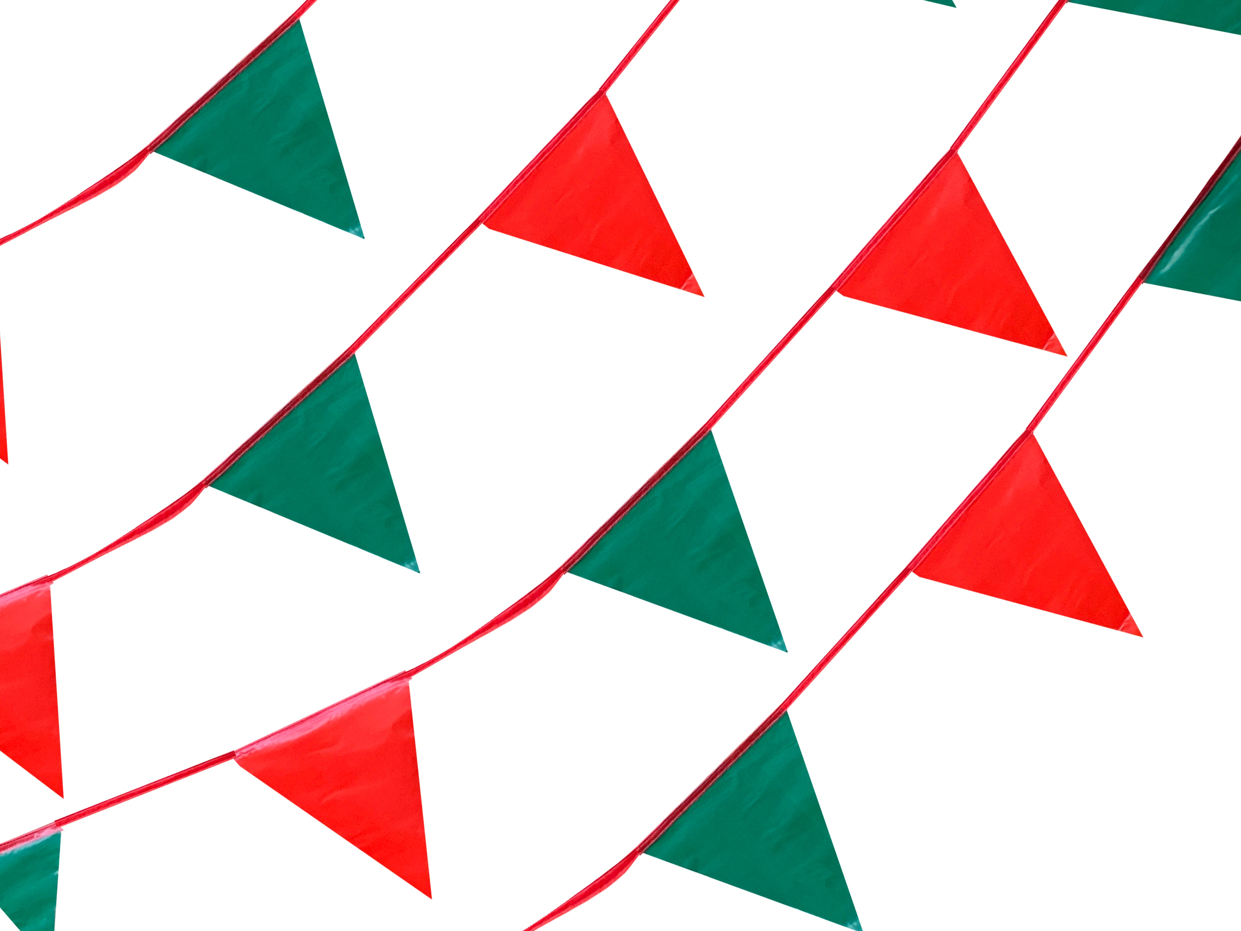 Tira de banderines triangulares colores rojo y verde, fabricados en polietileno resistente con guía de rafia roja. Perfectos para decoración en eventos, fiestas decembrinas y celebraciones de navidad. Tira de banderines triangulares colores rojo y verde, fabricados en polietileno resistente con guía de rafia roja. Perfectos para decoración en eventos, fiestas decembrinas y celebraciones de navidad.